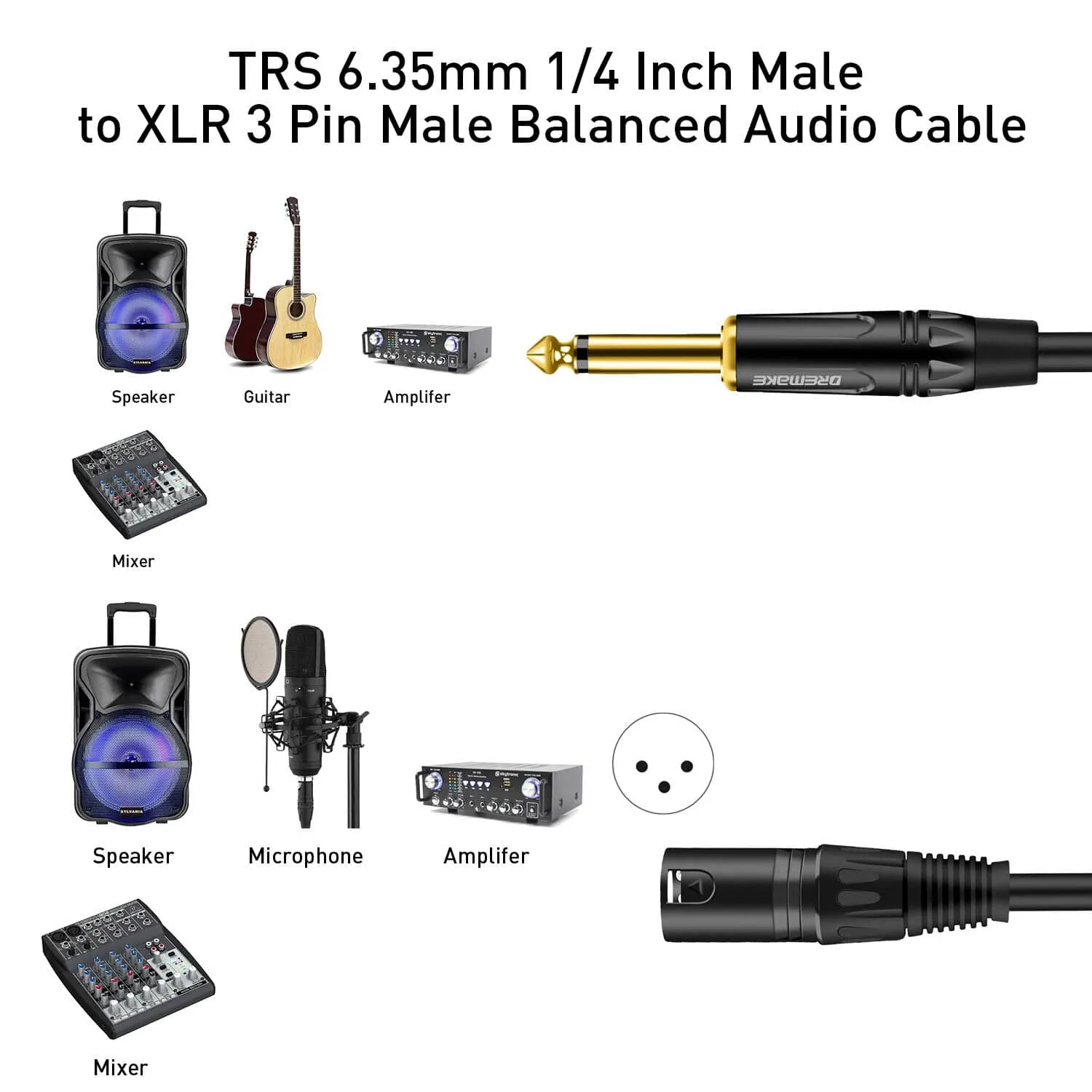 6.5mm/6.35 mm 1/4 Inch TS Male to XLR Male Audio Stereo Mic Cable Mono 1/4'' to XLR Cable for Speaker, Stage, Pro Audio