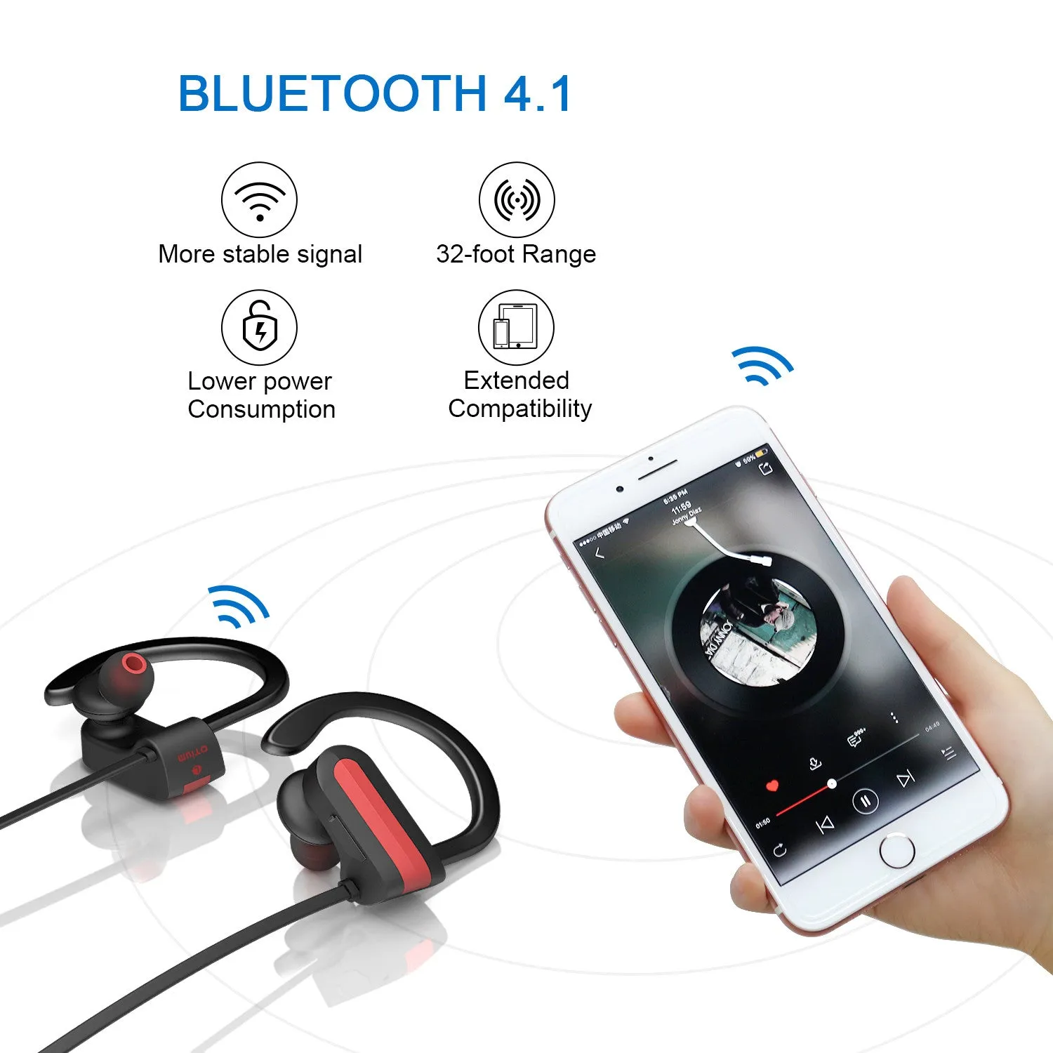 Bluetooth Headphones, Otium IPX7 Wireless Running Headphones w/Mic HD Stereo Sound Waterproof Sweatproof Sports Gym Workout Earphones 8 Hour Battery Noise Cancelling Earbuds