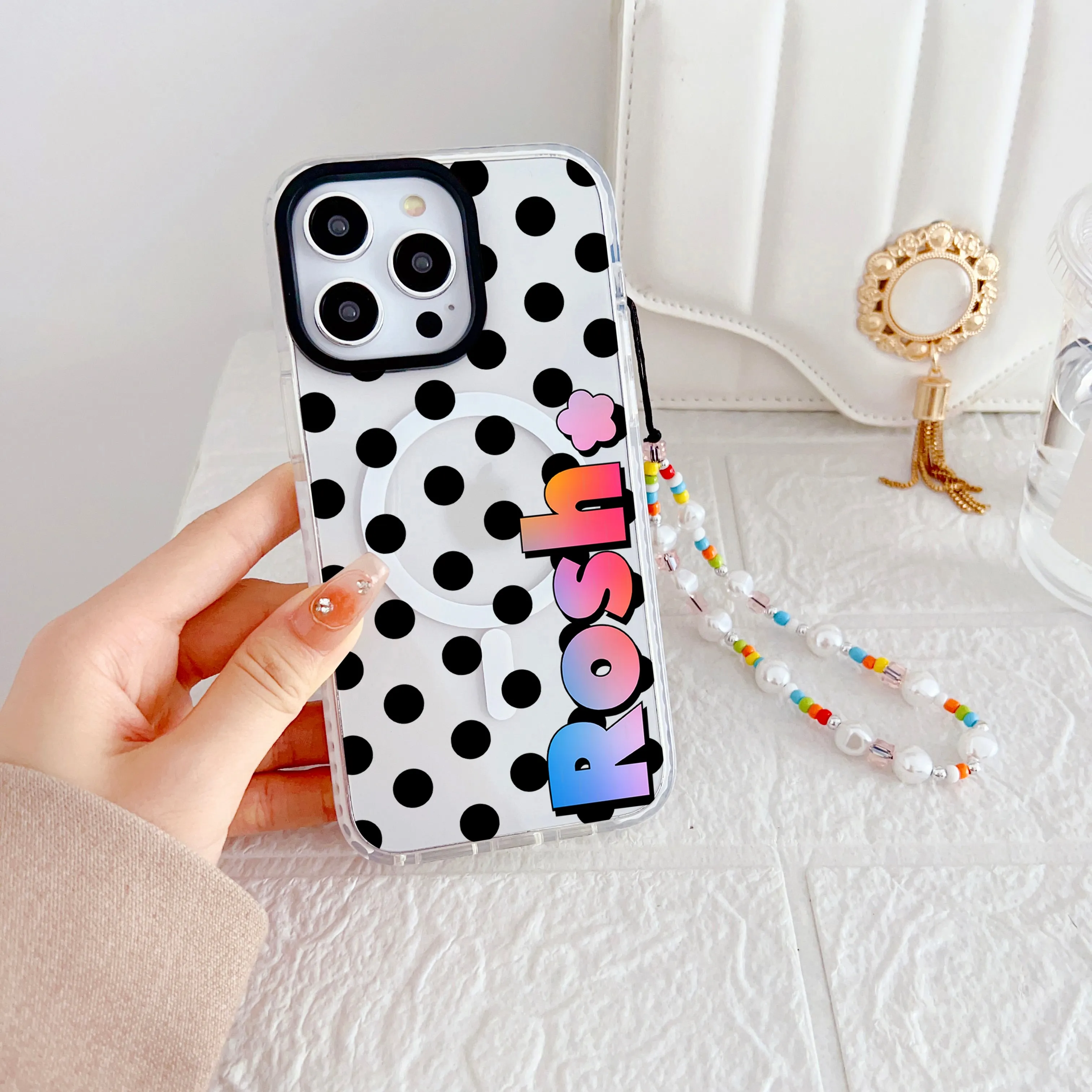 Designer Customised Name Polka Dots Silicon Impact Proof Phone Case With Beaded Charm