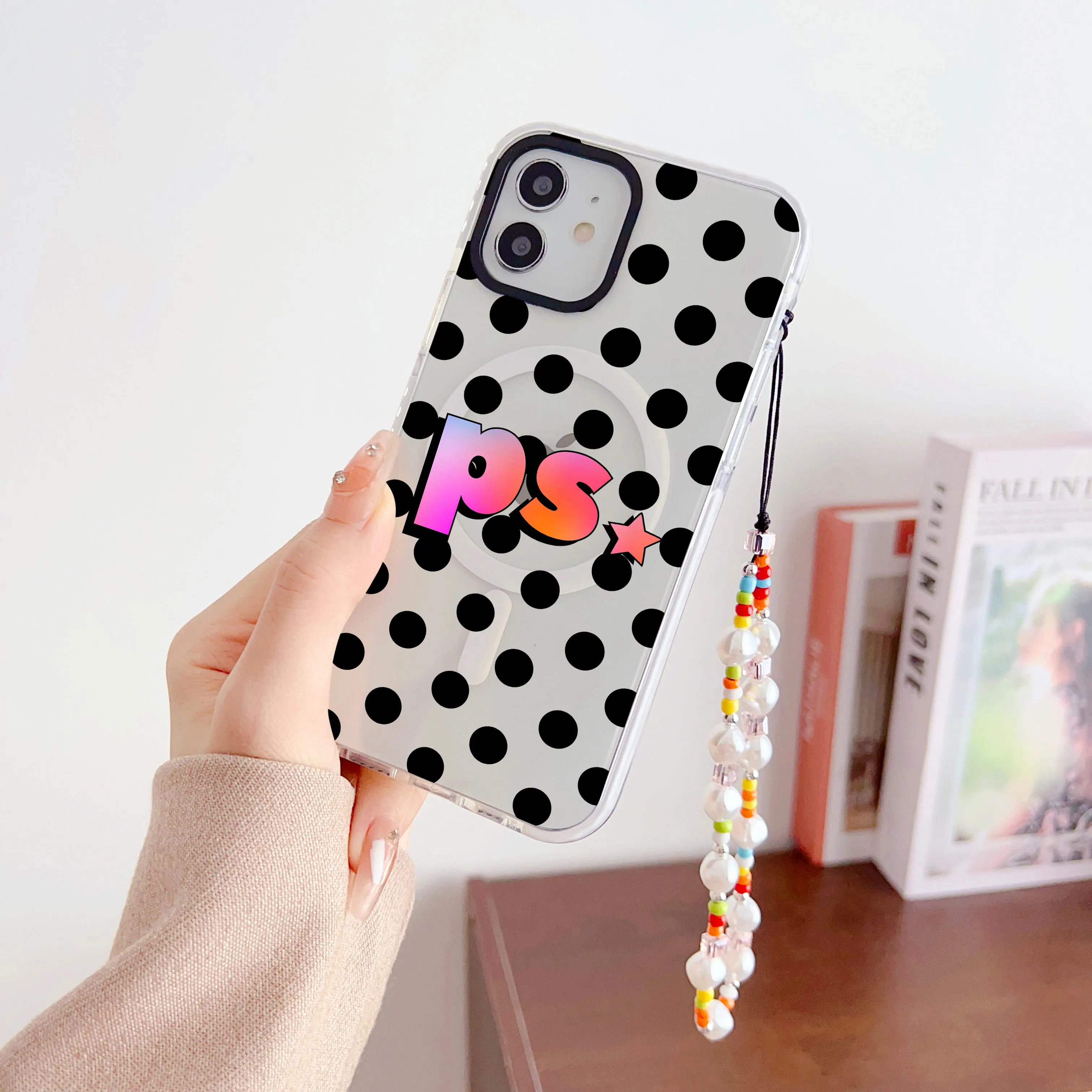 Designer Customised Name Polka Dots Silicon Impact Proof Phone Case With Beaded Charm