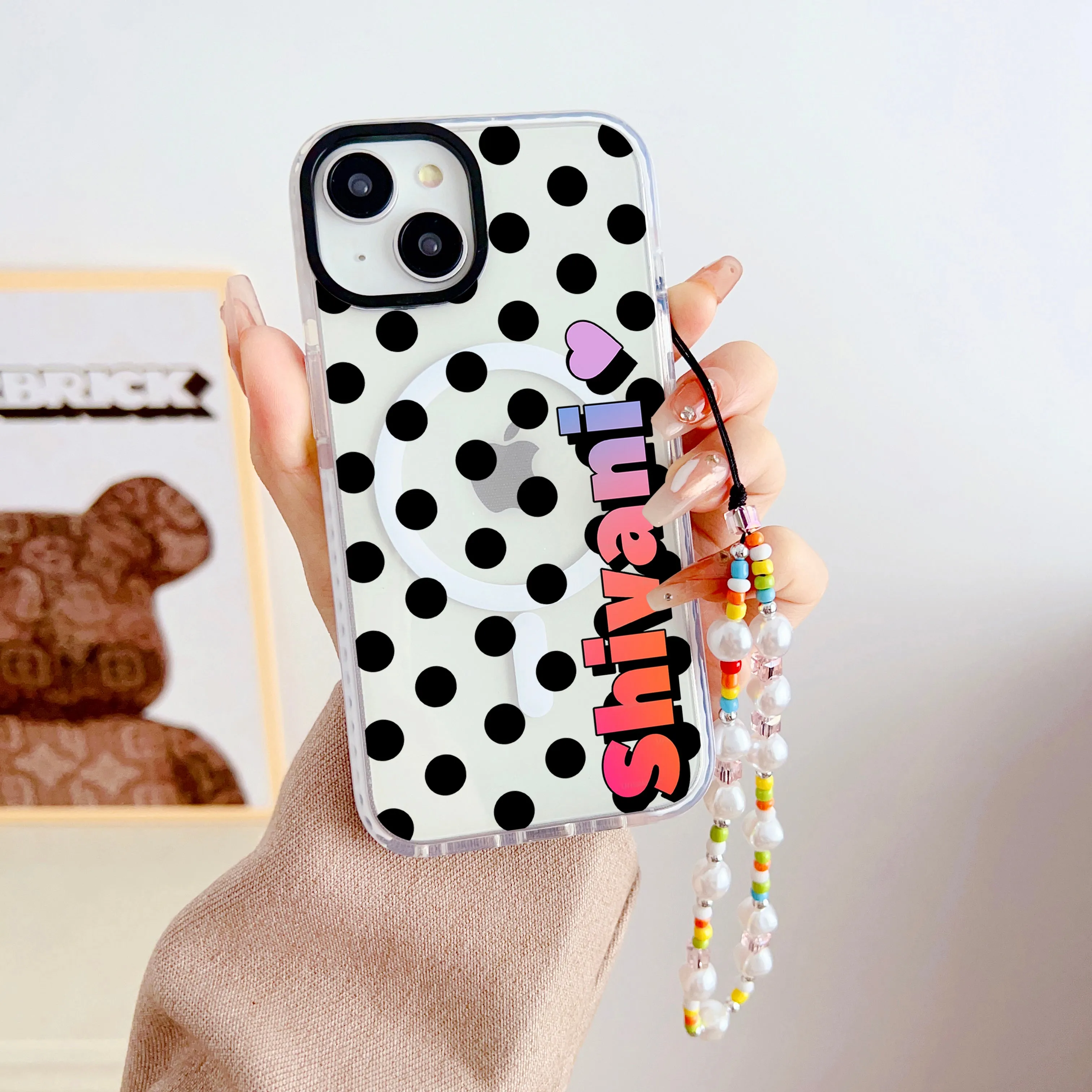 Designer Customised Name Polka Dots Silicon Impact Proof Phone Case With Beaded Charm