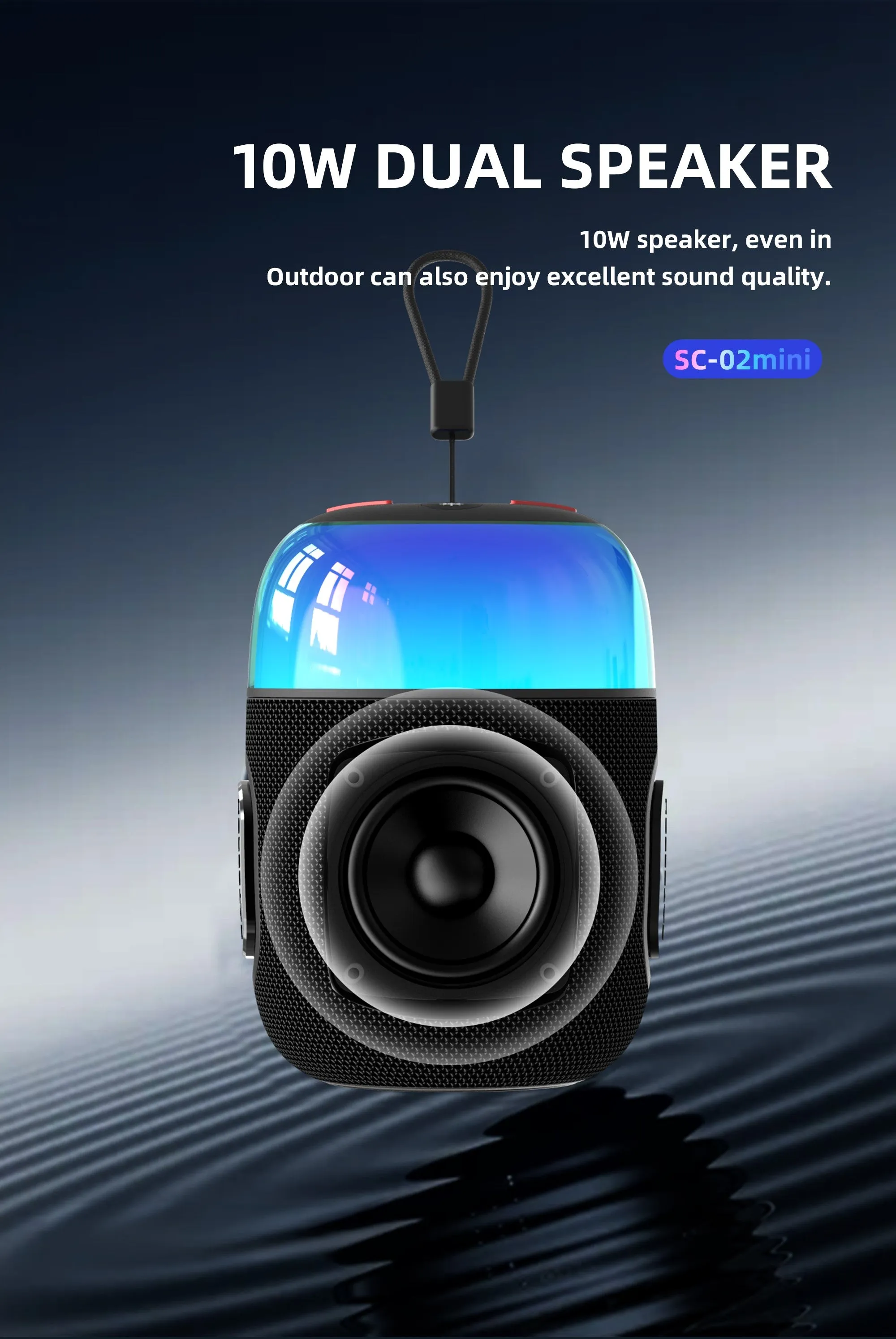 Mini 10W Portable Bluetooth Party Speaker with RGB Lights, Waterproof- Gray