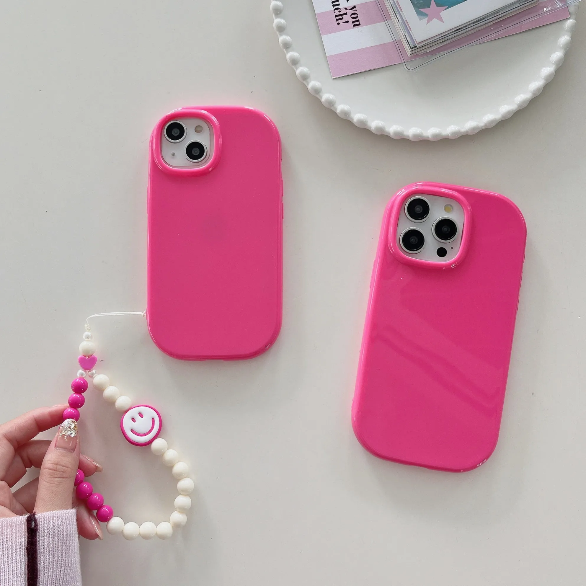 Oval Shape Silicon Case With Beaded Charm for iPhone ( Pink )