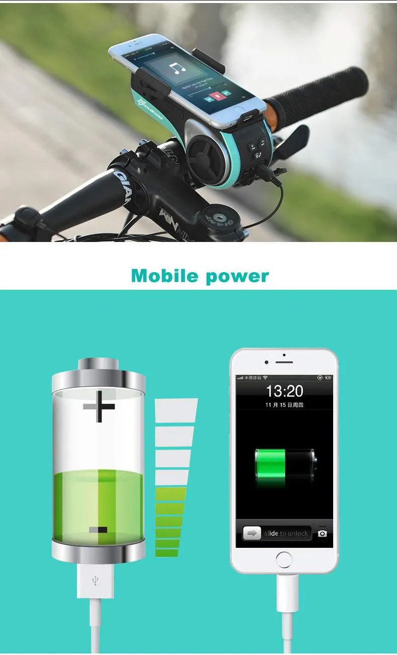 Smart Bluetooth Waterproof Bicycle Speaker Mp3, LED Flashlight, Power Bank 4400mah