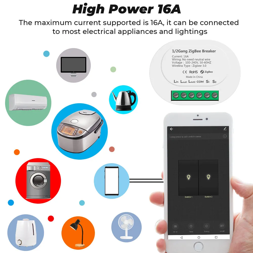 SMATRUL 16A ZigBee Relay Switch 2 Gang 2 Way Smart Switch