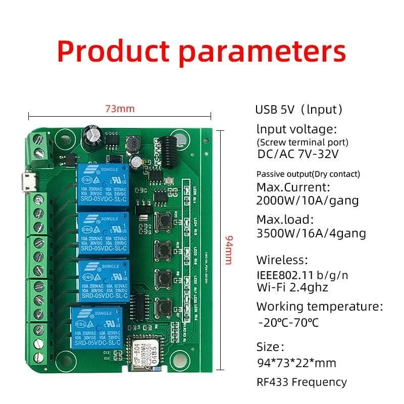 WiFi /RF Inching Relay Momentary/Self-Locking/Interlock Switch Module (ST-DC4)