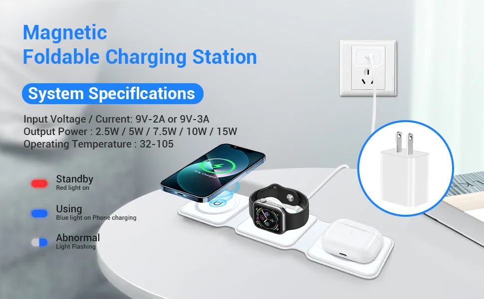 Wireless Charger 3 in 1, Magnetic Foldable Wireless Charging Station for iPhone, iWatch and Airpods