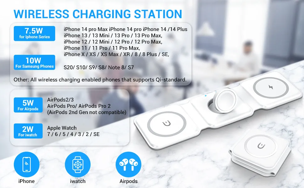 Wireless Charger 3 in 1, Magnetic Foldable Wireless Charging Station for iPhone, iWatch and Airpods